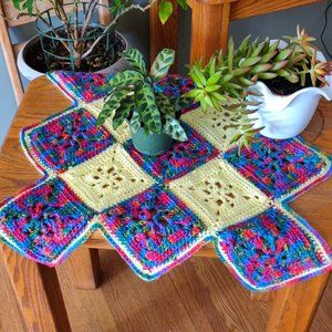 Vintage 70s Crochet Afghan Bright Furniture Cover